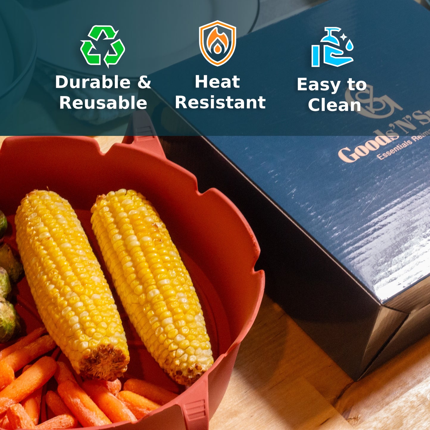 Goods 'N' Such Silicone Air Fryer Liner - 2 Pack with Mitts - Reusable Liner - Dishwasher Safe - 8 inch - 6 to 8 QT - Air Fryer Insert - Easy to Clean - Heat Resistant Air Fryer Basket - Non Stick