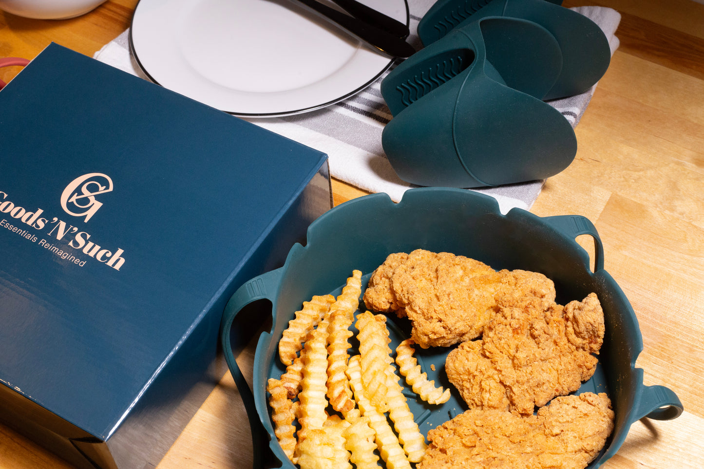 Goods 'N' Such Silicone Air Fryer Liner - 2 Pack with Mitts - Reusable Liner - Dishwasher Safe - 8 inch - 6 to 8 QT - Air Fryer Insert - Easy to Clean - Heat Resistant Air Fryer Basket - Non Stick